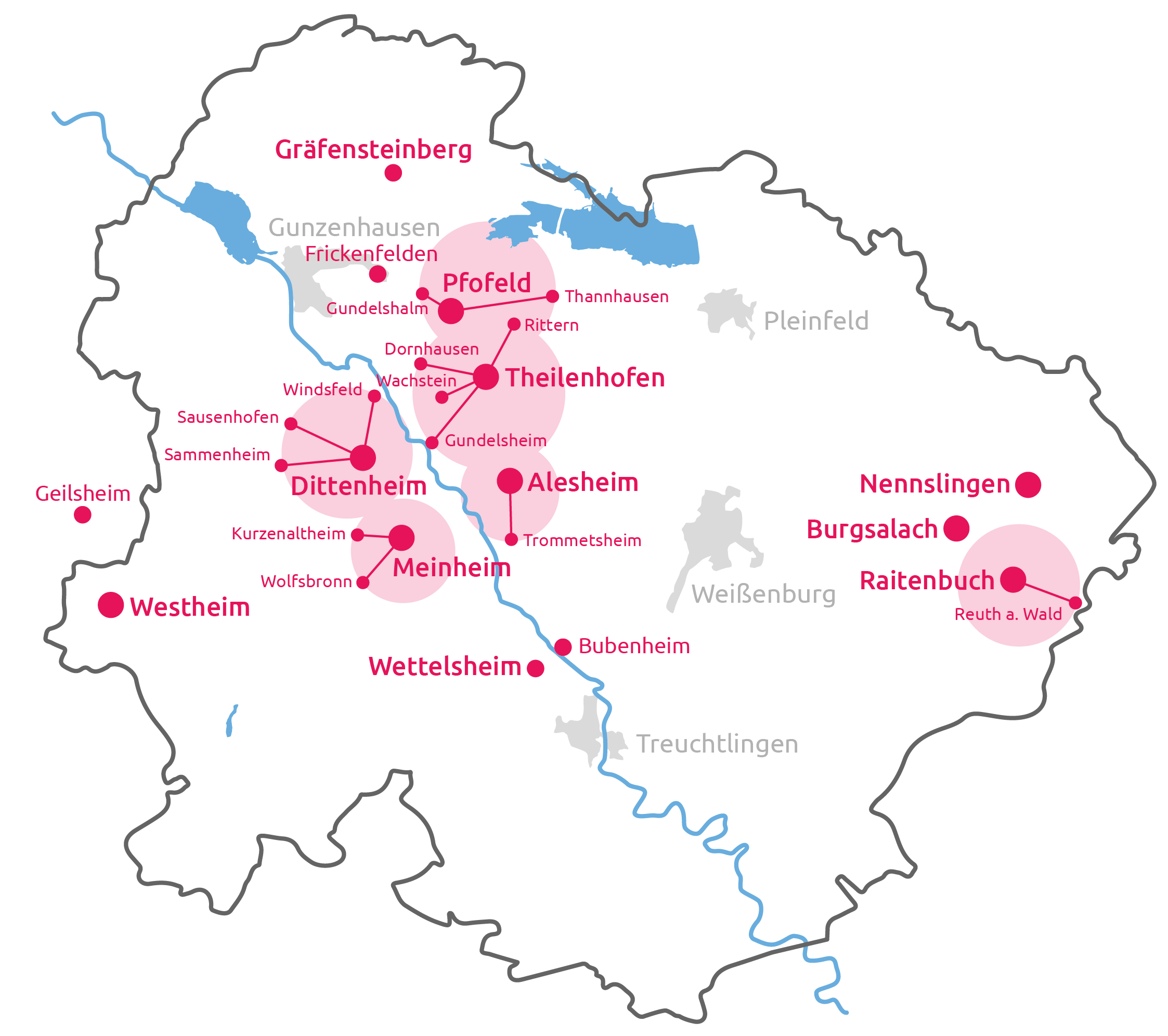 Die Karte des Landkreises Weißenburg-Gunzenhausen mit dem Netzsausbaugebiet der Fiber Network WUG